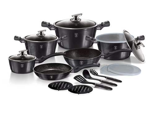 Picture of BH 18 pcs Pots 20+24+28 + frypan 28 + deep fryer 24 +sauce pan 16 + 3 Kitchen tools 3 STACKABLE Plastic lid + 2 pcs bakelite mats Burgundy 