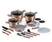 Picture of BH 22 pcs Pots 20+24+28 +frypan 20 +Frypan detachable handle 24 + 4 kitchen tools + 3 Knifes + 5 STACKABLE Plastic lid + 2 pcs bakelite mats Burgundy 